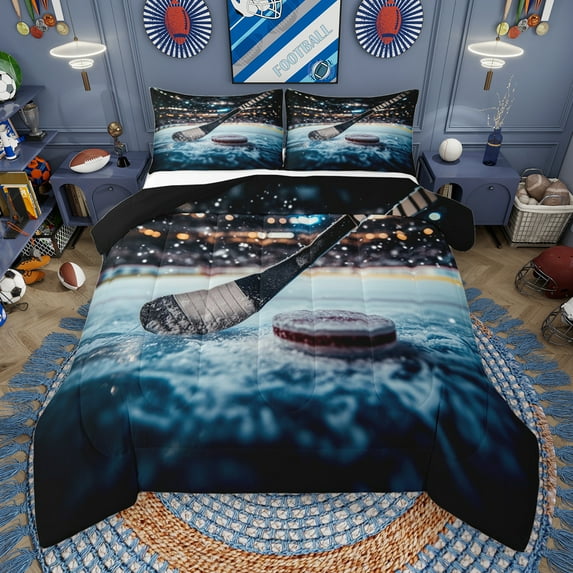 Manfei Ice Hockey Game Queen Comforter Set,,Ball Sport Lover Bedding Sets,White Blue Bedding Comforter Set For Kids Boy,Microfiber Bedroom Decor Reversible,3pcs