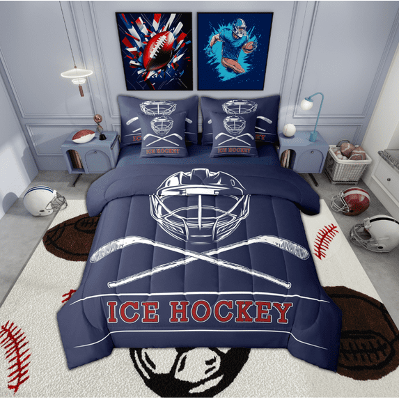 Manfei Ice Hockey Helmet 7-Piece Twin Bedding Sets,Sport Theme Bedding Comforter Set,Red Blue Sheet Sets For Boys,Ultra Soft Bedroom Decorative Reversible