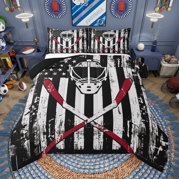 Manfei Ice Hockey Helmet Bedding Comforter Set,Red White Hockey Stick Twin Comforter Sets,Vintage American Flag Bedding Set For Kids Boy,Microfiber Bedroom Decor Reversible,2-Piece