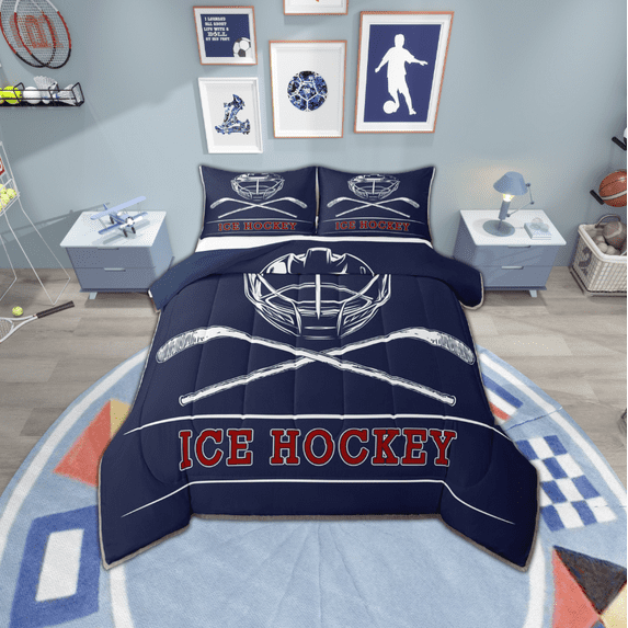 Manfei Ice Hockey Helmet King Size Comforter Sets,Sport Theme Bedding Comforter Set,Red Blue Bedding Set For Boys,Ultra Soft Bedroom Decorative Reversible,3-Piece