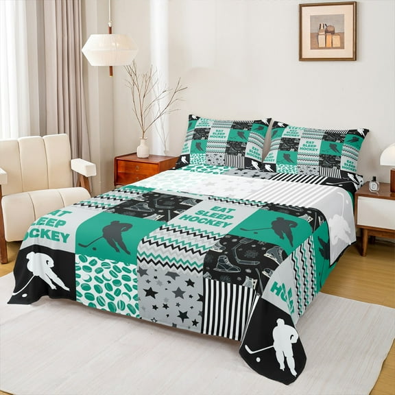 Manfei Ice Hockey Lover Twin Sheet Sets foe Kids, Modern Sports Player Twin Fitted Sheet, Buffalo Plaid Flat Sheet, Microfiber Bedroom Decor, 3-Piece
