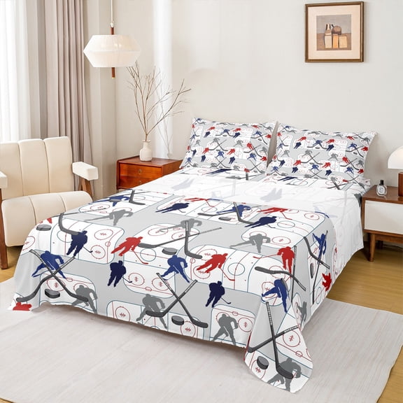 Manfei Ice Hockey Print Queen Sheet Sets 4 Pieces, Sport Theme Flat Sheet, Athelete Gifts Queen Fitted Sheet, Luxury Bedroom Decor
