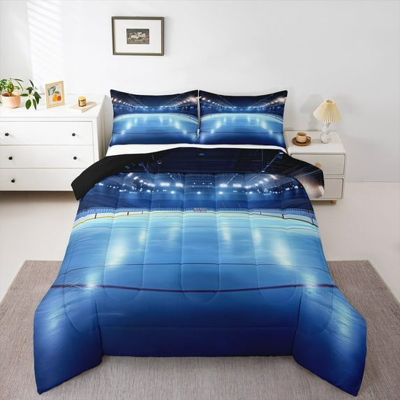 Manfei Ice Hockey Queen Comforter Set for Kids, American Sports Bedding Sets, Cartoon Sport Theme Reversible Bedding Comforter Set, Breathable Home Decor, 3pcs