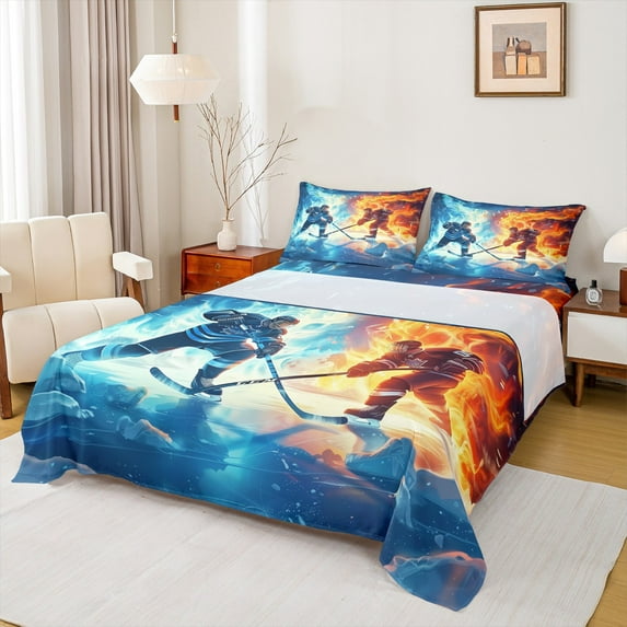 Manfei Ice Hockey Queen Sheet Sets for Child, Modern Sports Lover Flat Sheet, Blue Orange Queen Fitted Sheet, Lightweight Room Decor, 4-Piece