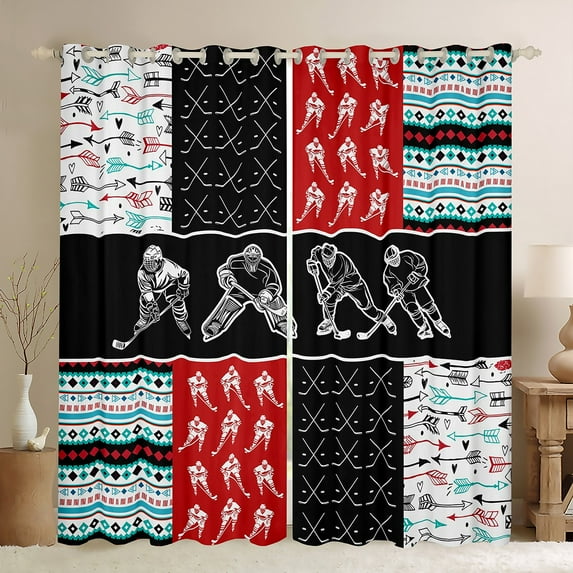Manfei Ice Hockey Sport Black Out Curtains,Ball Gamer Gaming Curtains Pack of 2 (42x63 Each),Retro Aztec Rhombus Bedroom Curtains For Kids,Luxury Bedroom Decor