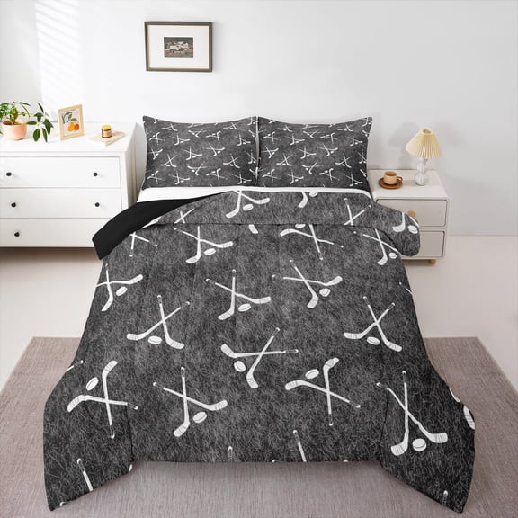 Manfei Ice Hockey Sport Full Size Comforter Sets,Hockey Stick Bedding Comforter Set,Gray White Bedding Sets For Boys,Ultra Soft Bedroom Decorative Reversible,3pcs