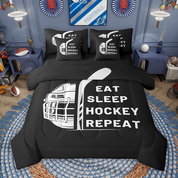Manfei Ice Hockey Sports 7-Piece Twin Bedding Sets,Ball Game Gaming Bedding Comforter Set,White Black Sheet Sets For Boys Teens,Ultra Soft Home Decor Reversible