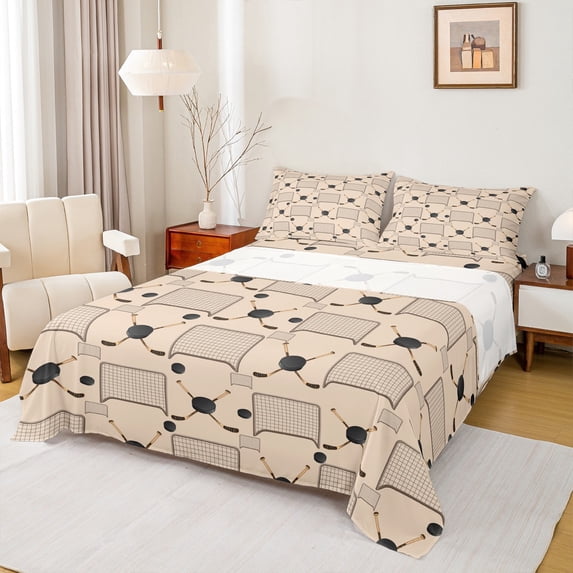 Manfei Ice Hockey Theme Full Size Sheets 4-Piece, Boys Sport Bed Sheets, Brown Black Sheet Sets, Ultra Soft Home Decor