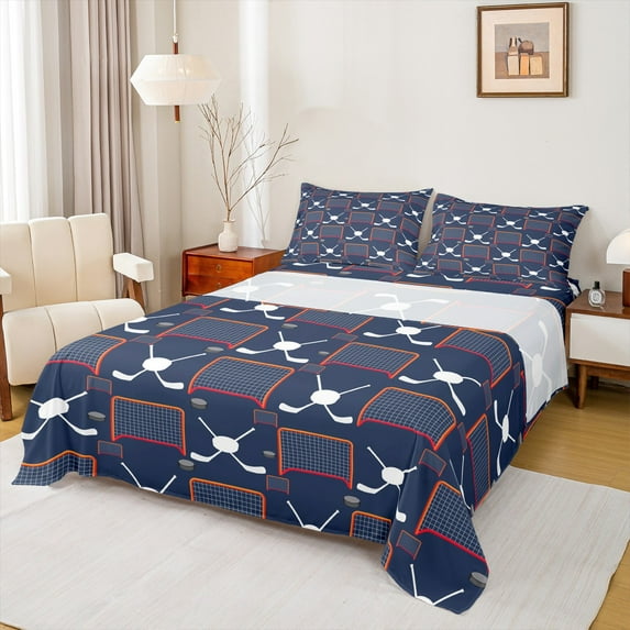 Manfei Ice Hockey Theme Full Size Sheets 4-Piece, Boys Sport Bed Sheets, Navy Blue Red Sheet Sets, Luxury Bedroom Decor