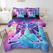 Manfei Ice Hockey Twin Bedding Sets 7-Piece for Kids, American Sports Bedding Comforter Set, Cartoon Sport Theme Reversible Sheet Sets, Lightweight Room Decor