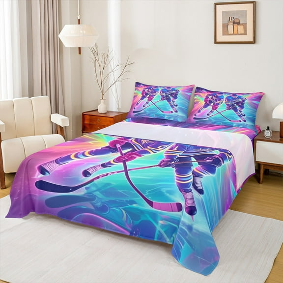 Manfei Ice Hockey Twin Sheet Sets for Kids, American Sports Twin Fitted Sheet, Cartoon Sport Theme Flat Sheet, Lightweight Room Decor, 3-Piece