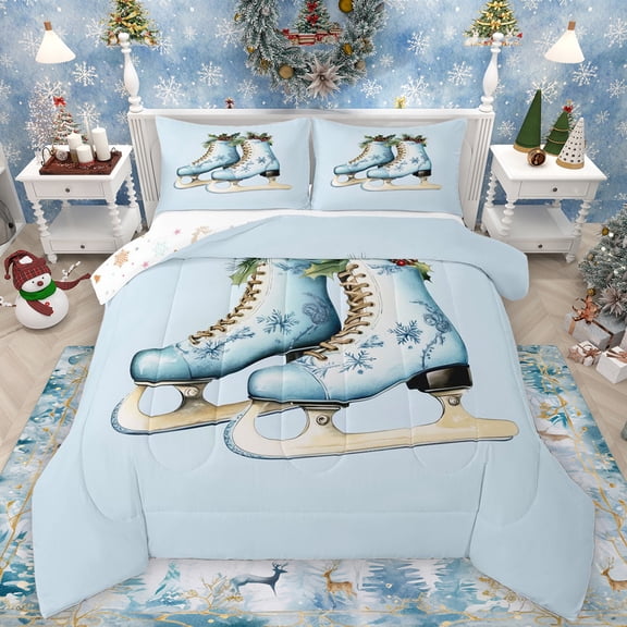 Manfei Ice Skates Bedding Comforter Set,Happy Christmas Twin Comforter Sets,Blue Snowflake Bedding Set For Girl Boys,Breathable Home Decor Reversible,2 Pieces