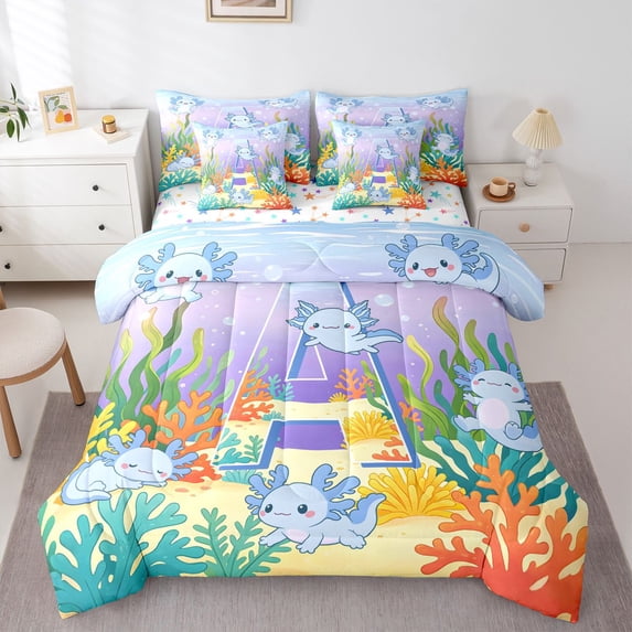 Manfei Initial A Art Twin Bedding,Kawaii Axolotl Bedding Comforter Set For Girls,Blue Purple,Colorful Stars Reversible,7-Piece