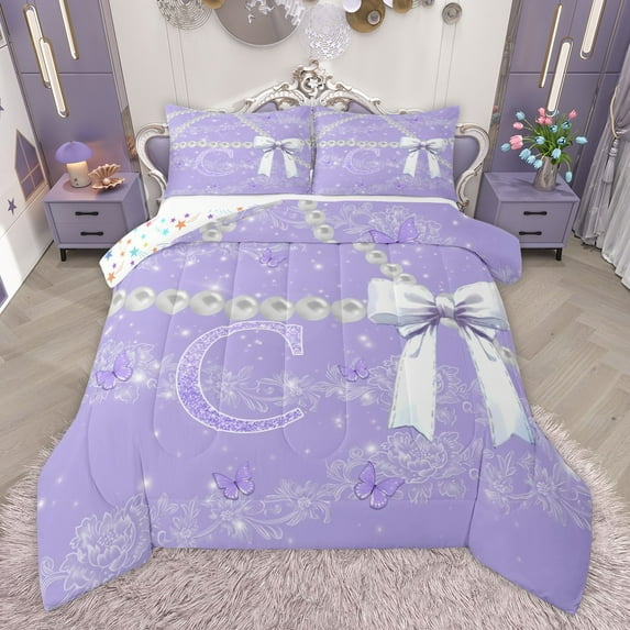 Manfei Initial Alphabet C 3-Piece Full Size Comforter Sets for Kids Teens,Purple Bling Glitter Bedding Comforter Set,Flower Bow-Tie Butterfly Lightweight Bedding Sets,Lightweight Room Decor