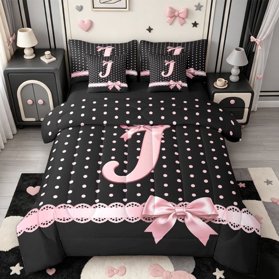 Manfei Initial Alphabet J Pattern 7-Piece Twin Bedding,Coquette Bowknot Bedding Comforter Set,Black Reversible