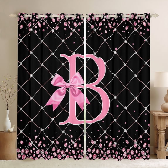 Manfei Initial B Letter Blackout Curtains Set of 2 (52x84 Each) for Girls, Cartoon Stripes Bow-tie Window Curtains, Princess Bow Curtains and Drapes, Curtains and Drapes Room Decor
