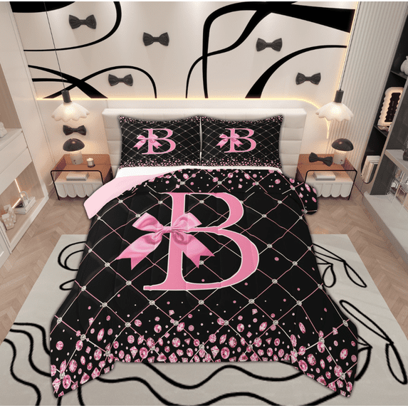 Manfei Initial B Letter Full Size Comforter Sets for Girls, Cartoon Stripes Bow-tie Bedding Comforter Set, Princess Bow Reversible Bedding Sets, Super Cozy Room Decor, 3 Pieces