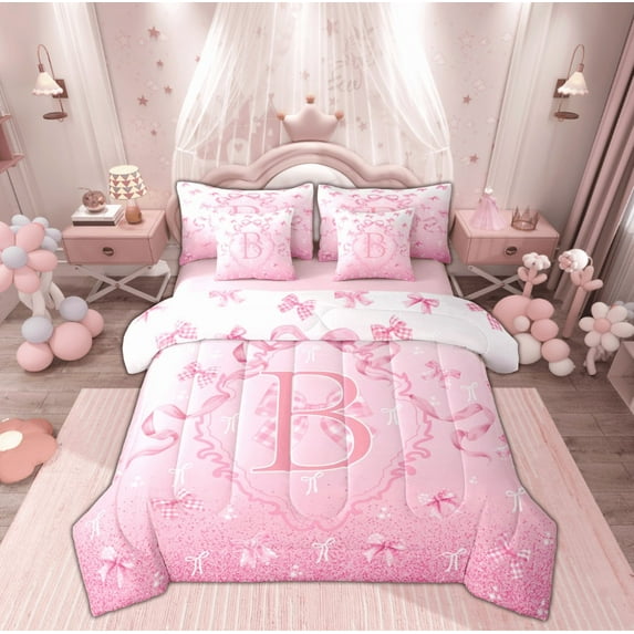 Manfei Initial B Letter Twin Bedding Sets 7-Piece for Girls, Kawaii Pink Bow-tie Bedding Comforter Set, Cartoon Ribbon Reversible Sheet Sets, Breathable Home Decor