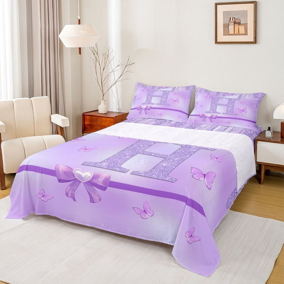 Manfei Initial Butterfly H 4-Piece Full Size Sheets for Female Men Women,Bling Glitter Splash Bed Sheets,Dreamy Princess Lightweight Sheet Sets,Microfiber Bedroom Decor