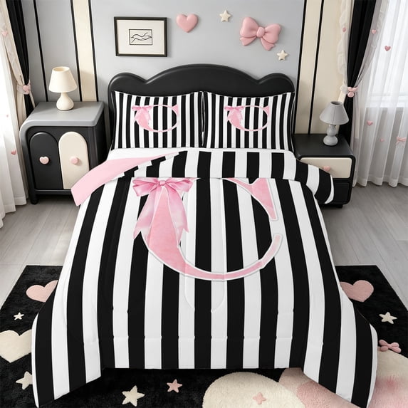 Manfei Initial C Pattern Full Size Comforter Sets,Minimalist Geometric Striped Bedding Comforter Set,Pink Reversible,3 Pieces,1 Comforter and 2 Pillowcases