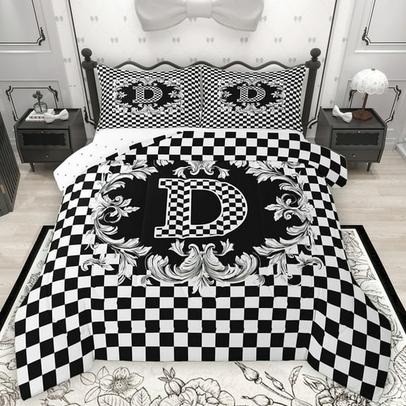 Manfei Initial D Letter Full Size Comforter Sets for Kids, Hippie Damask Floral Bedding Comforter Set, Black White Checkered Reversible Bedding Sets, Luxury Bedroom Decor, 3 Pieces