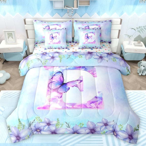 Manfei Initial E Letter Bedding Comforter Set 7 Pieces for Teens, Magic Butterfly Animal Full Bedding Set, Cartoon Dreamy Floral Reversible Fitted Sheet Flat Sheet, Luxury Bedroom Decor