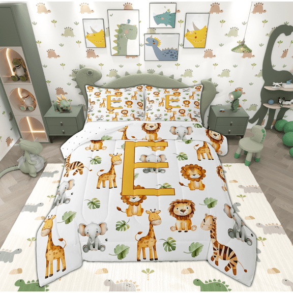 Manfei Initial E Letter Queen Comforter Set for Kids, Kawaii Lion Giraffe Elephant Bedding Sets, Zoo Animal Reversible Bedding Comforter Set, Luxury Bedroom Decor, 3pcs