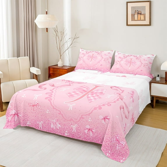 Manfei Initial J Letter Full Size Sheets for Girls, Kawaii Pink Bow-tie Bed Sheets, Cartoon Ribbon Sheet Sets, Super Cozy Room Decor, 4pcs