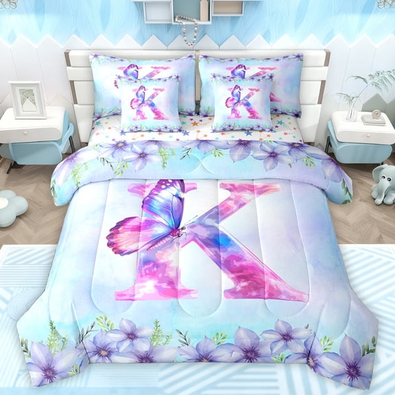 Manfei Initial K Letter Bedding Comforter Set 7pcs for Teens, Magic Butterfly Animal Queen Bedding Sets, Cartoon Dreamy Floral Reversible Queen Sheet Sets, Luxury Bedroom Decor
