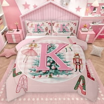 Homewish Initial K Letter Bedding Comforter Set for Kids, Cartoon Princess Elf Twin Comforter Sets, Pink Xmas Buffalo Plaid Reversible Bedding Set, Ultra Soft Bedroom Decor, 2 Pieces