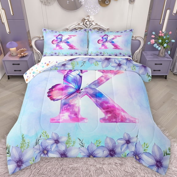 Manfei Initial K Letter Queen Comforter Set for Teens, Magic Butterfly Animal Bedding Sets, Cartoon Dreamy Floral Reversible Bedding Comforter Set, Luxury Bedroom Decor, 3 Pieces
