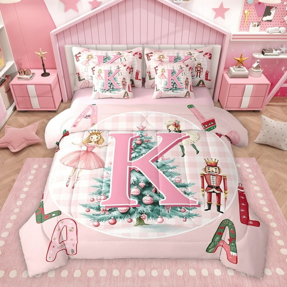 Homewish Initial K Letter Twin Bedding Sets 7-Piece for Kids, Cartoon Princess Elf Bedding Comforter Set, Pink Xmas Buffalo Plaid Reversible Sheet Sets, Ultra Soft Bedroom Decor