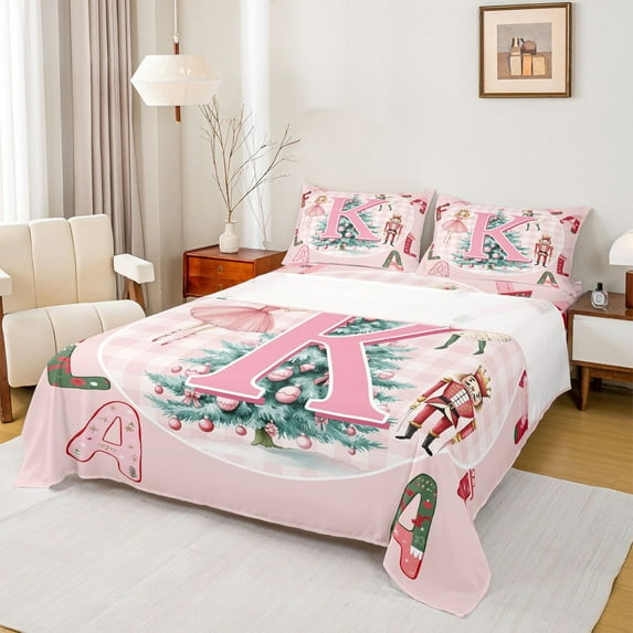 Homewish Initial K Letter Twin Sheet Sets for Kids, Cartoon Princess Elf Twin Fitted Sheet, Pink Xmas Buffalo Plaid Flat Sheet, Ultra Soft Bedroom Decor, 3 Pieces