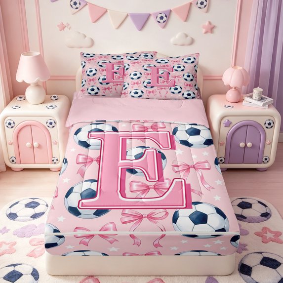 Manfei Initial Letter Alphabet E Zipper Queen Comforter Set with Fitted Sheet and 2 Pillowcases,3D Cartoon Soccer Print Zipper Bedding Set,Pink Reversible,4-Piece