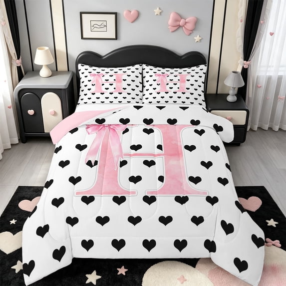 Manfei Initial Letter Alphabet Queen Comforter Set,Ribbon Bow Lovely Loves Comforter Sets Queen,Pink Reversible,3pcs,1 Comforter and 2 Pillowcases
