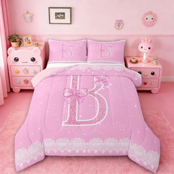 Manfei Initial Letter B Bedding Comforter Set,Chic Bow Tie Twin Comforter Sets,Galaxy Starry Sky Bedding Set For Girl,Breathable Bedroom Decoration Reversible,2pcs