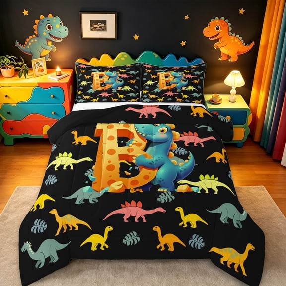 Manfei Initial Letter B Bedding Comforter Set,Cute Dinosaur Twin Comforter Sets,Pink Black Bedding Set For Boys,Breathable Bedroom Decoration Reversible,2-Piece
