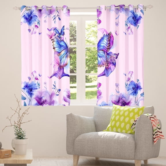 Manfei Initial Letter B Blackout Curtains Set of 2 (38x54 Each),Vintage Floral Butterfly Curtains and Drapes,Pink Purple Living Room Curtains For Kids,Breathable Bedroom Decoration