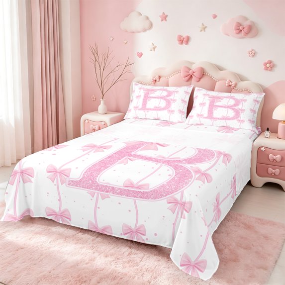 Manfei Initial Letter B Queen Sheet Sets,Kawaii Bowtie Ribbon Flat Sheet,Girls Pink Bow Knot Queen Fitted Sheet For Girl Kids,Breathable Bedroom Decoration,4 Pieces