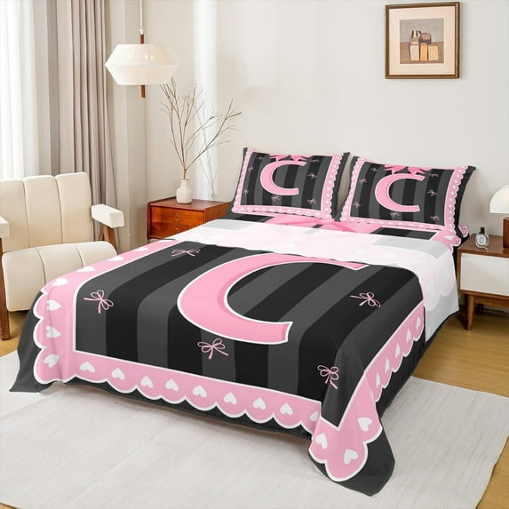 Manfei Initial Letter C Twin Sheet Sets,Cute Bowtie Bedding Twin Size,Pink Black Bed Sheets Set Twin Size For Girls,Breathable Bedroom Decoration,3-Piece