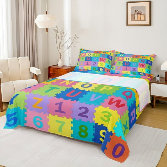 Manfei Initial Letter Kids Twin Sheet Sets, Colorful Cartoon Buffalo Fitted Sheet, 3pcs