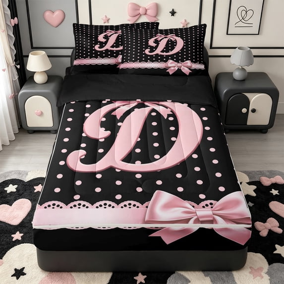 Manfei Initial Letter D Design Zipper Twin Comforter Sets with Fitted Sheet and 2 Pillowcases,Cute Bowknot Zipper Bedding Set,Black Reversible,4 Pieces