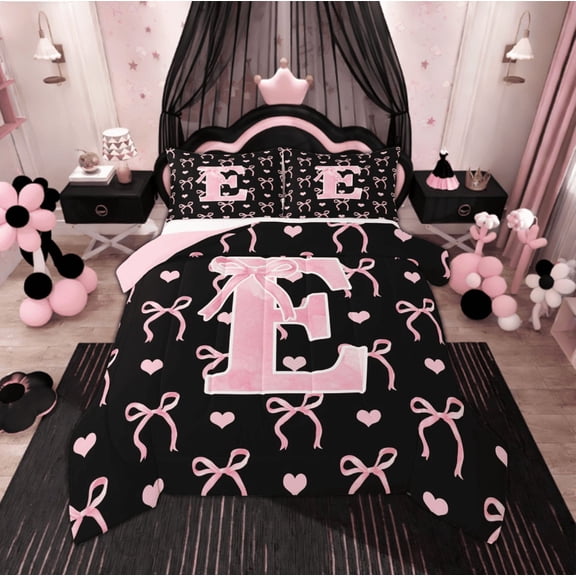 Feelyou Initial Letter E Bedding Comforter Set, Pink Princess Twin Comforter Sets, Cartoon Bow Bedding Set, Breathable Room Decorative, 2-Piece