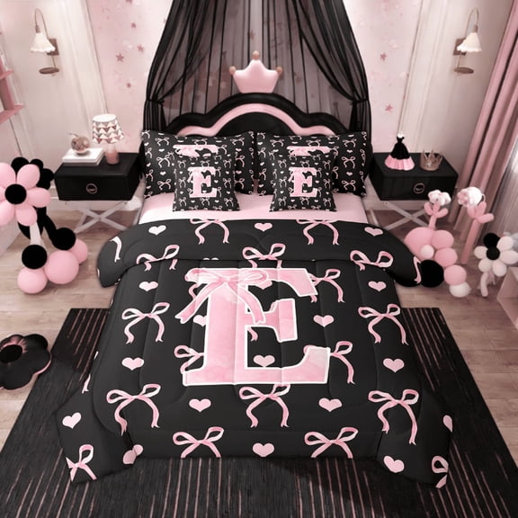 Feelyou Initial Letter E Twin Bedding Sets 7-Piece, Pink Princess Bedding Comforter Set, Cartoon Bow Sheet Sets, Breathable Room Decorative