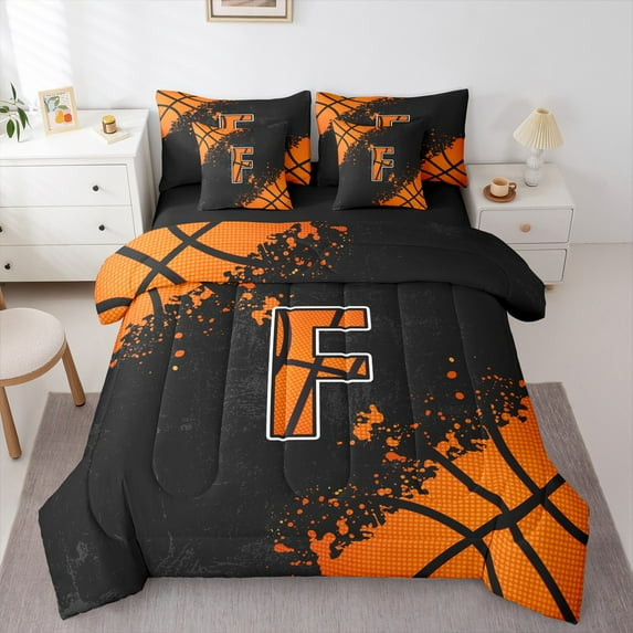 Manfei Initial Letter F Bedding Comforter Set 7 Pieces,Basketball Sports Full Bedding Set,Balck Orange Fitted Sheet Flat Sheet For Boys,Breathable Bedroom Decoration,Reversible