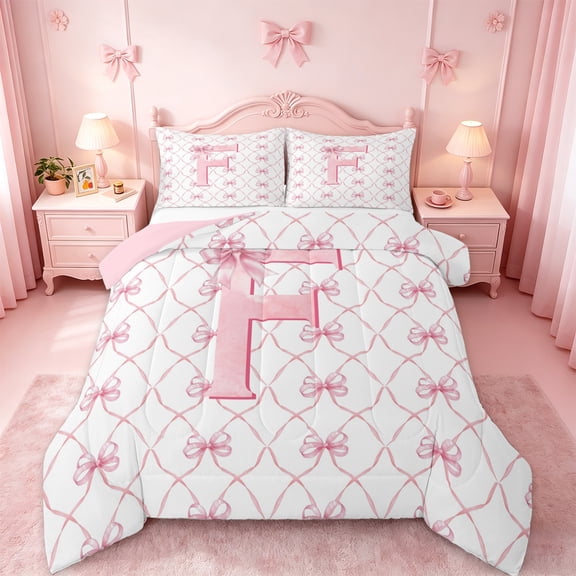 Manfei Initial Letter F Comforter Sets Twin Size,Cute Bowtie Comforters & Duvets,Pink White Bedding Twin Comforter Set For Girls,Breathable Bedroom Decoration Reversible,2-Piece