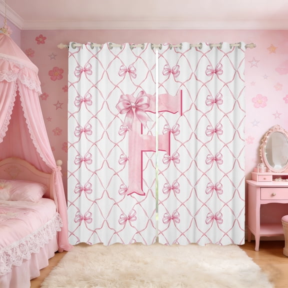 Manfei Initial Letter F Curtains Pack of 2 (42x63),Cute Bowtie Black Out Curtains,Pink White Curtains for Living Room For Girls,Breathable Bedroom Decoration