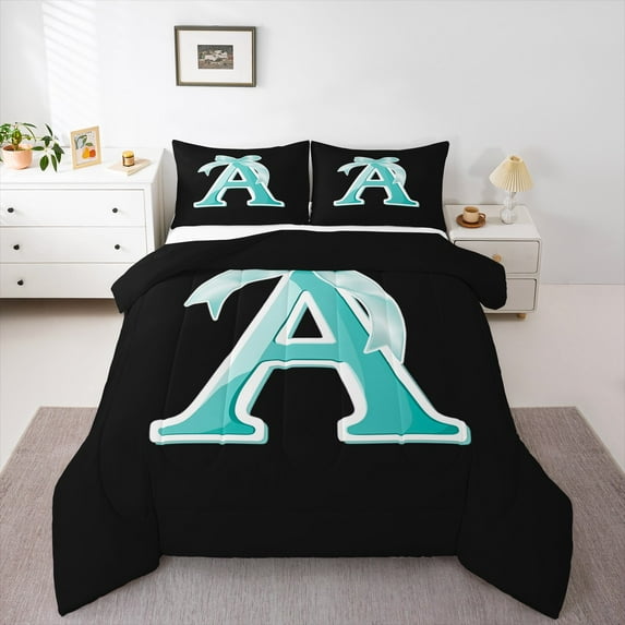 Manfei Initial A Letter Full Size Comforter Sets for Kid, Princess Cyan Bowknot Bedding Comforter Set, Kawaii Cute Cartoon Reversible Bedding Sets, Breathable Home Decor, 3pcs