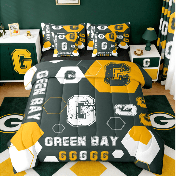 Manfei Initial Letter G 7-Piece Twin Bedding Sets,Green Bay Bedding Comforter Set,Green Orange Geometric Sheet Sets For Boy,Breathable Bedroom Decoration Reversible