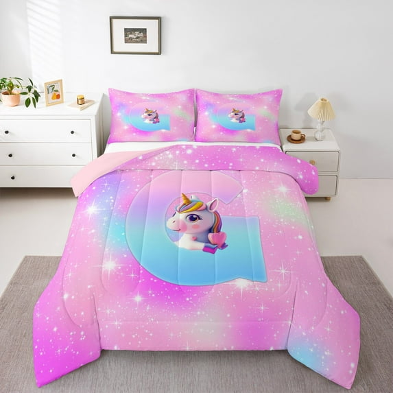 Manfei Initial Letter G Queen Comforter Set,Kawaii Unicorn Bedding Sets,Starry Sky Bedding Comforter Set For Girl,Breathable Bedroom Decoration Reversible,3 Pieces